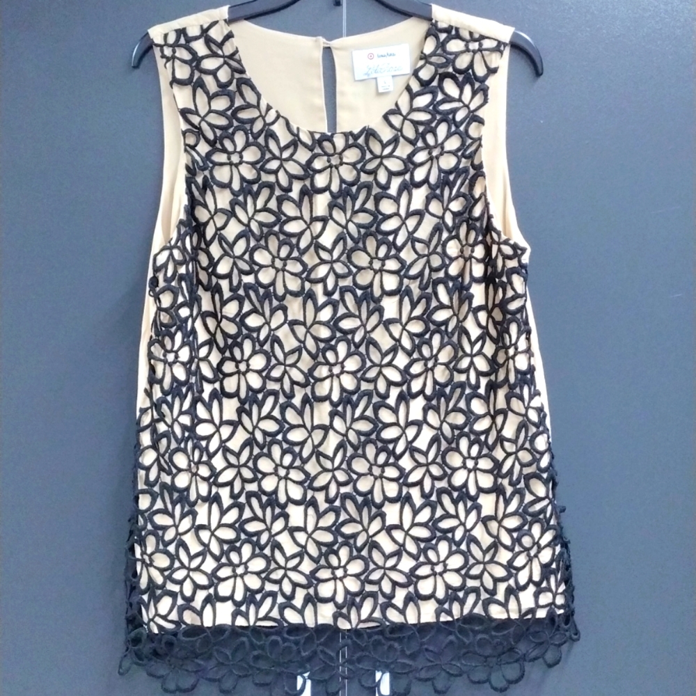 Newman Marcus Silk Floral Lace Overlay Sleeveless Top